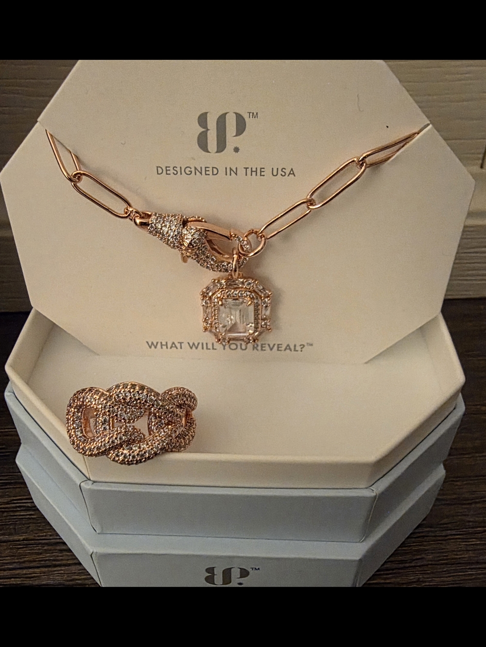 BP Rose Gold Pavé Pendant Necklace with Clear Center Stone